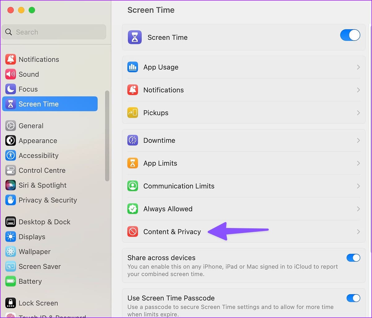 content and privacy in Screen Time on Mac