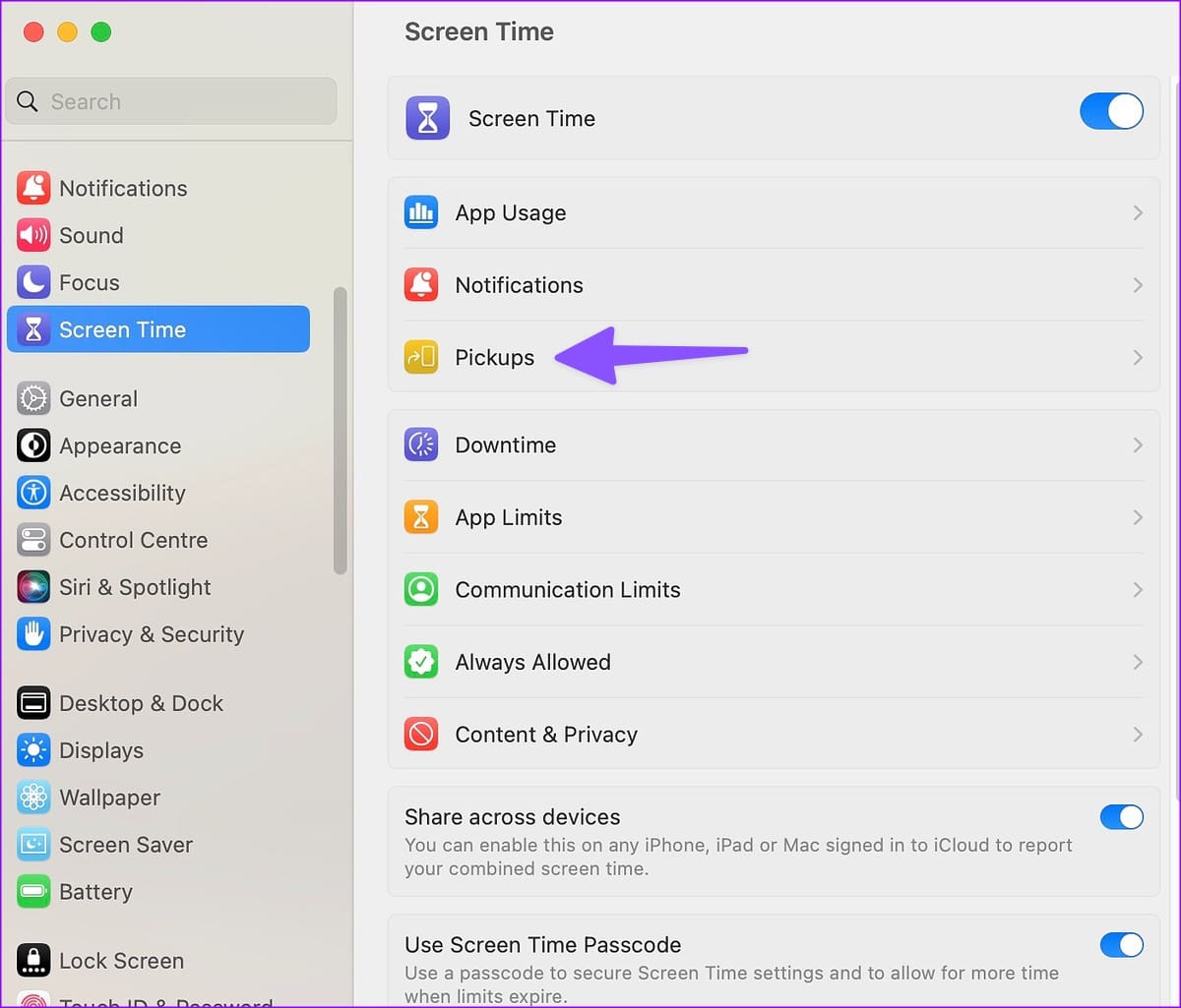 Pickups in Screen Time on Mac
