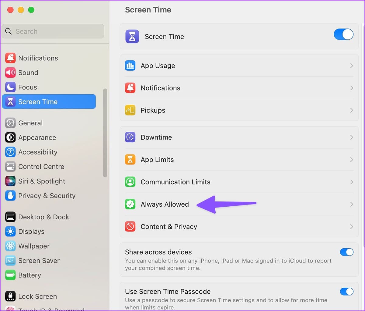 always allowed Screen Time on Mac
