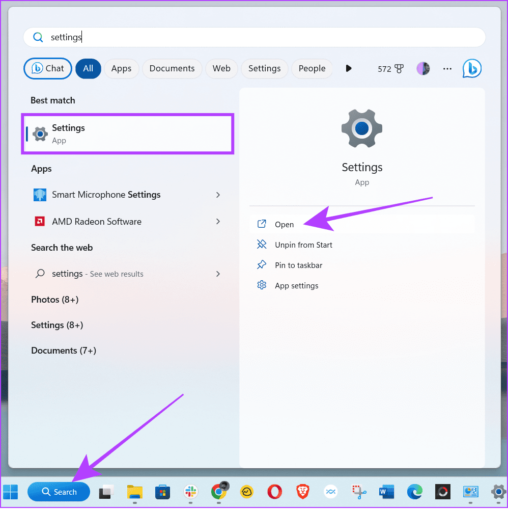 search and open settings on Windows