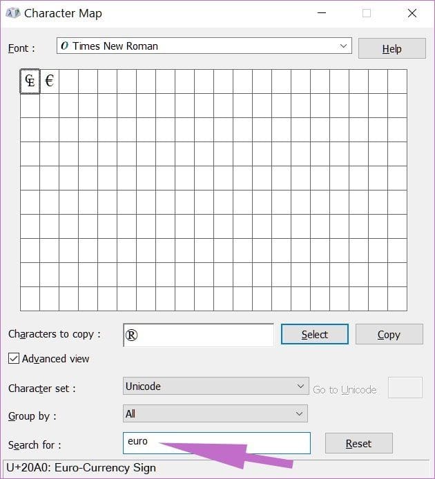 Search in characters map