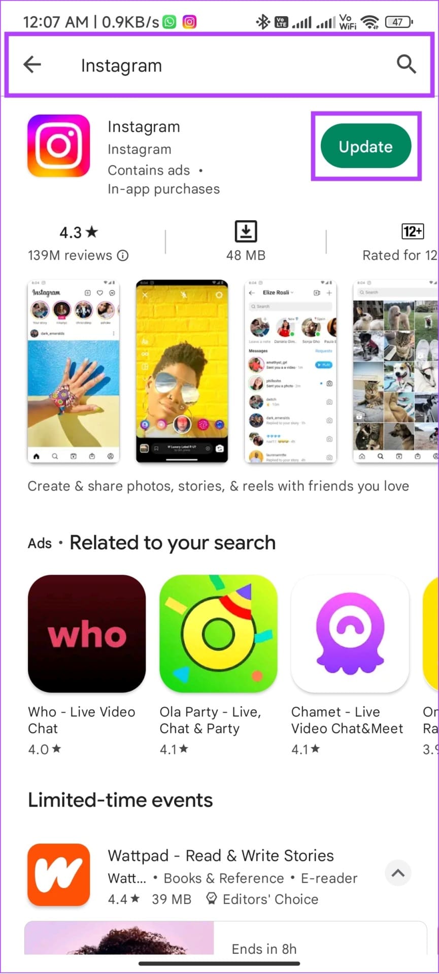 Search Instagram and hit Update