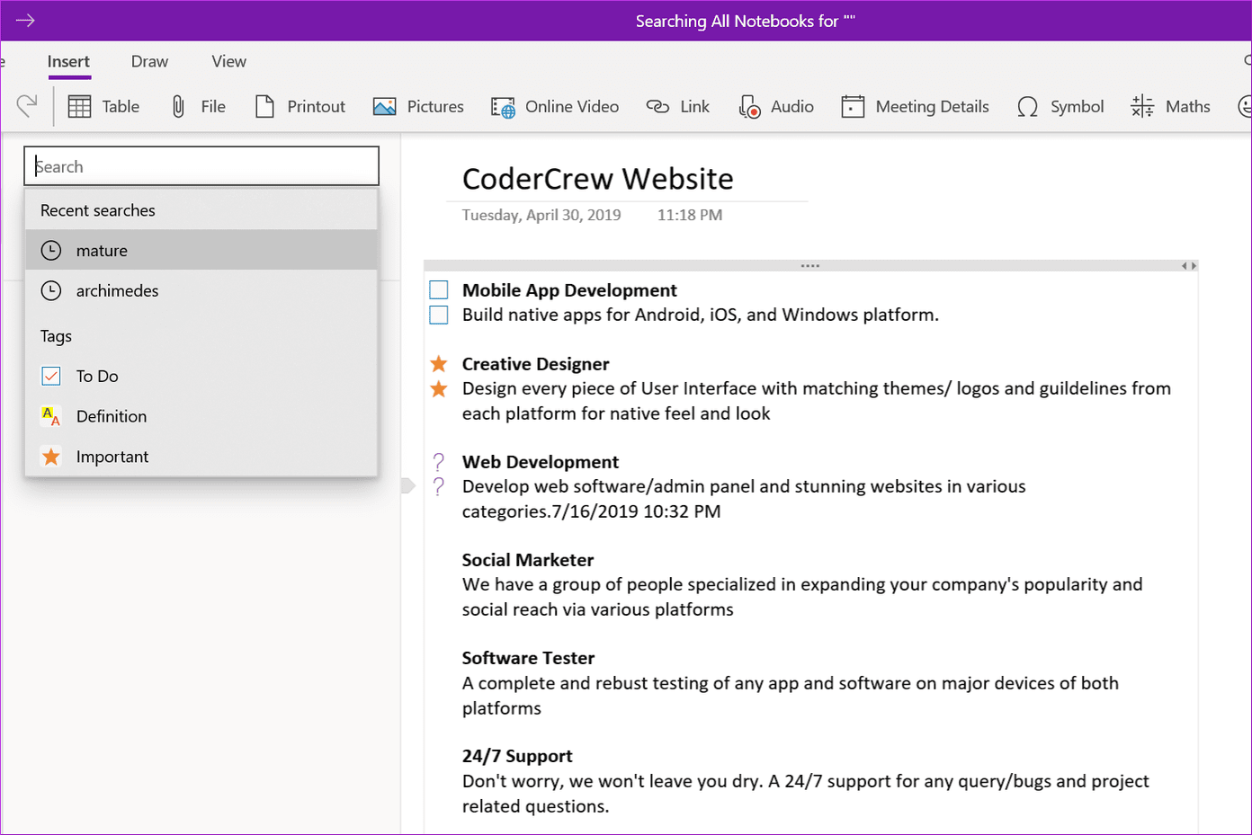 Search Onenote