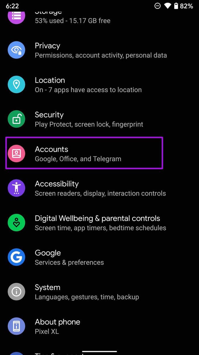Select accounts in settings