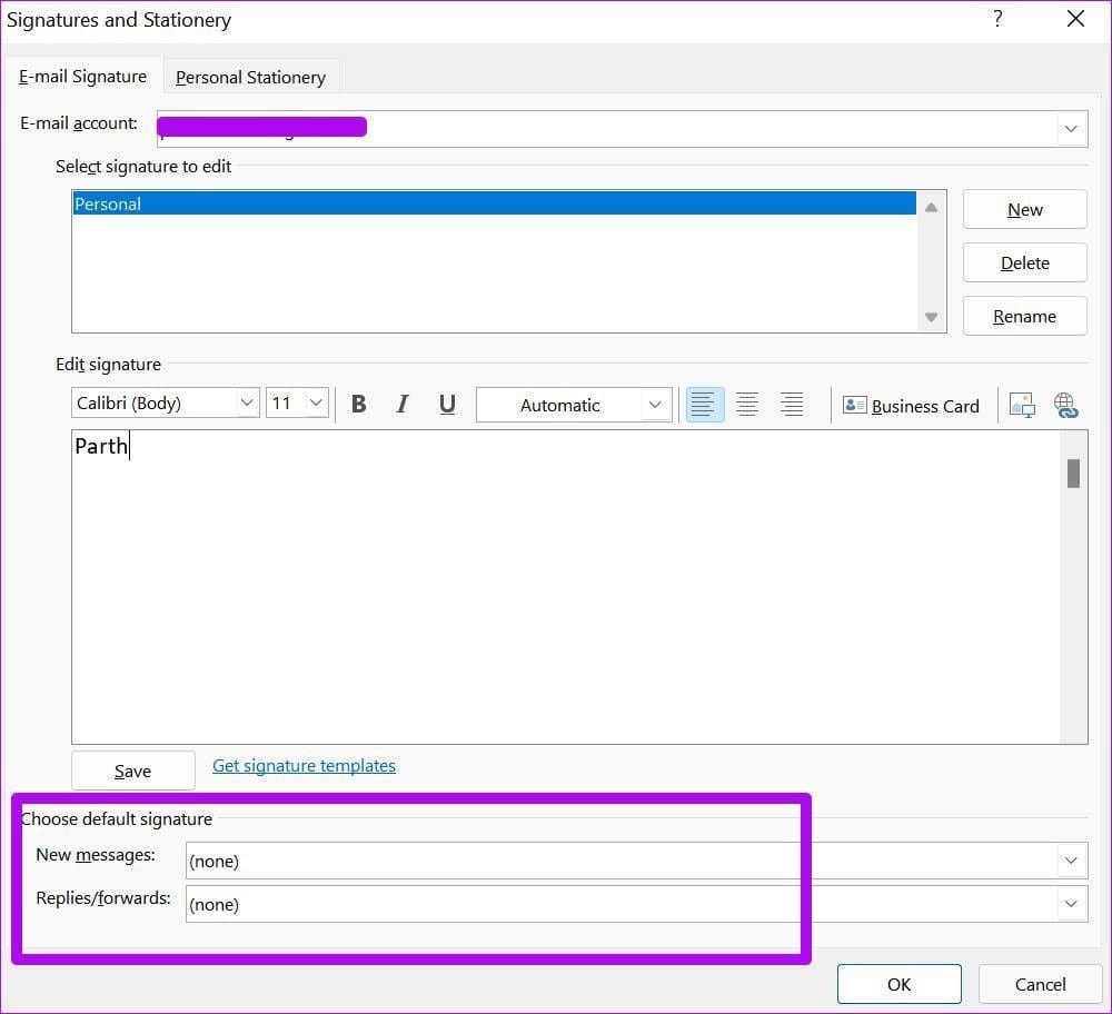 Select default signature