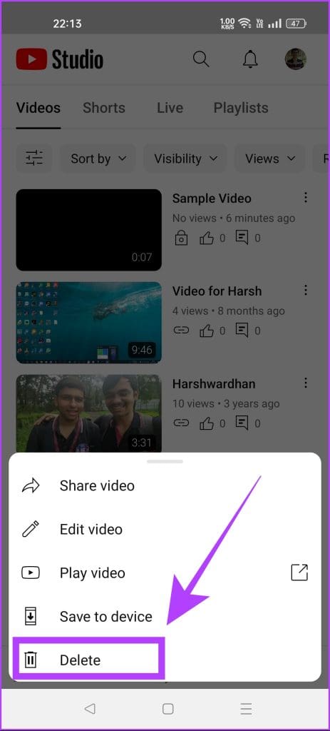 select delete in yotube studio
