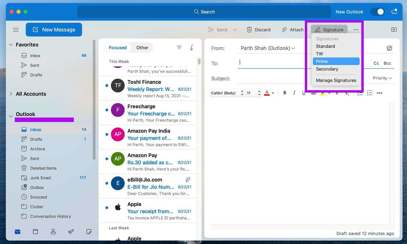 Select different outlook signatures on mac
