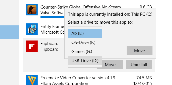 Select Drive To Move App
