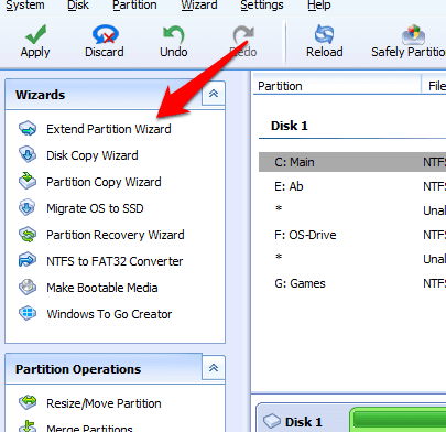 Select Extend Partition Wizard