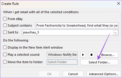 select folder to move emails outlook app windows