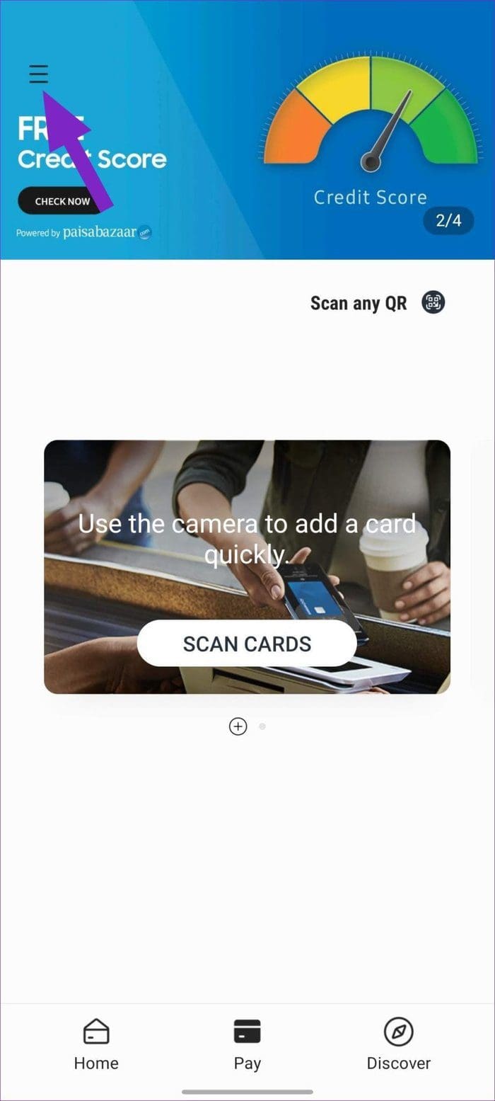 Select hamburger menu in samsung pay