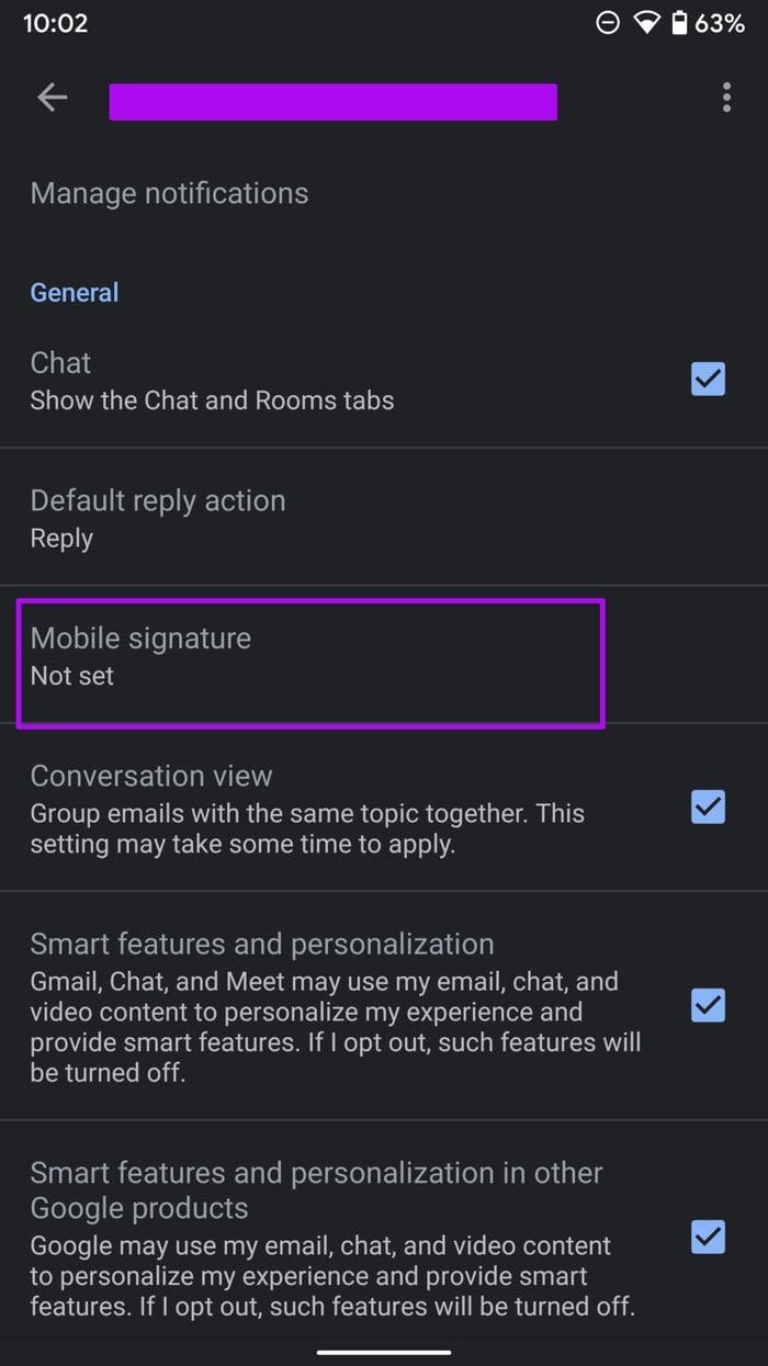Select mobile signature in gmail