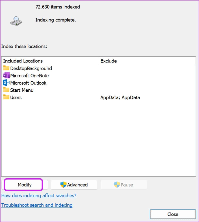 modify in indexing options on Windows