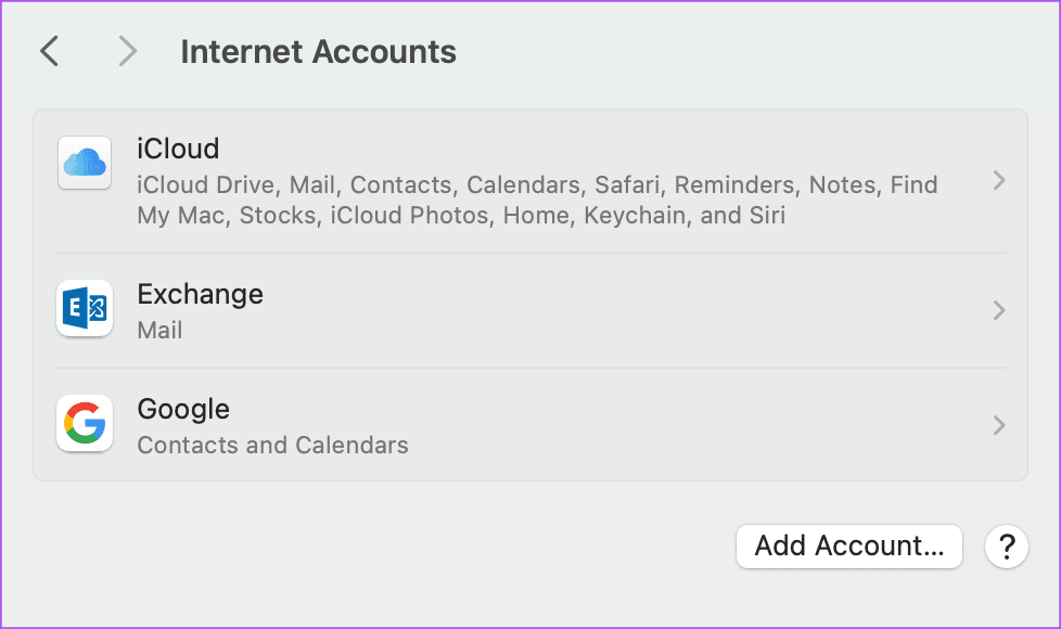 select outlook account internet accounts Mac