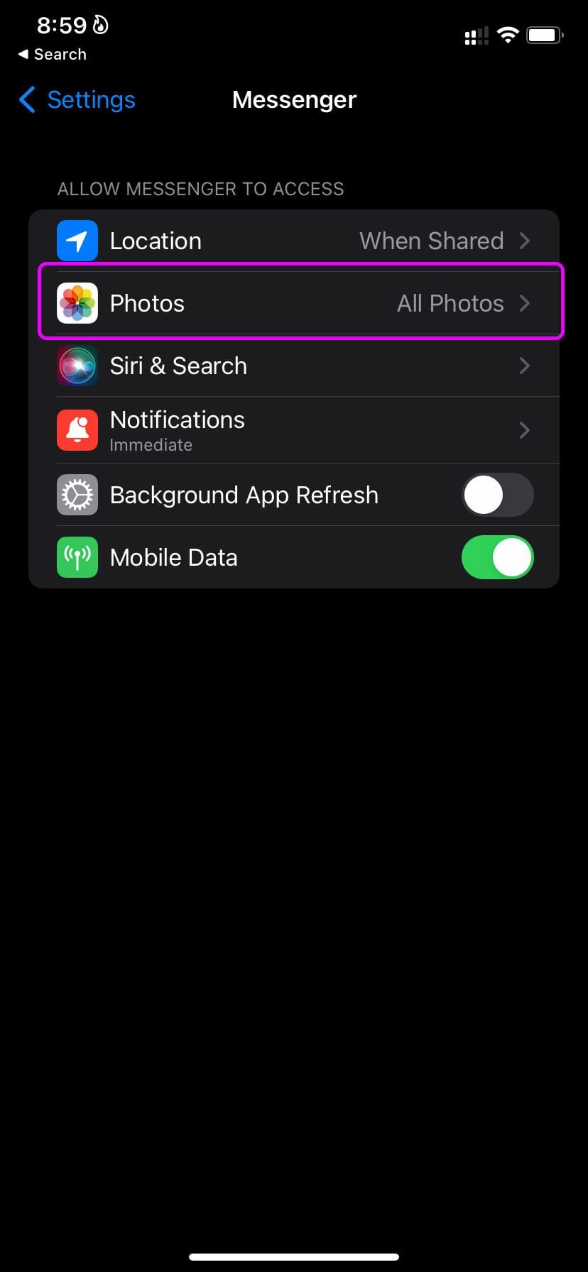 Allow photos permission to messenger