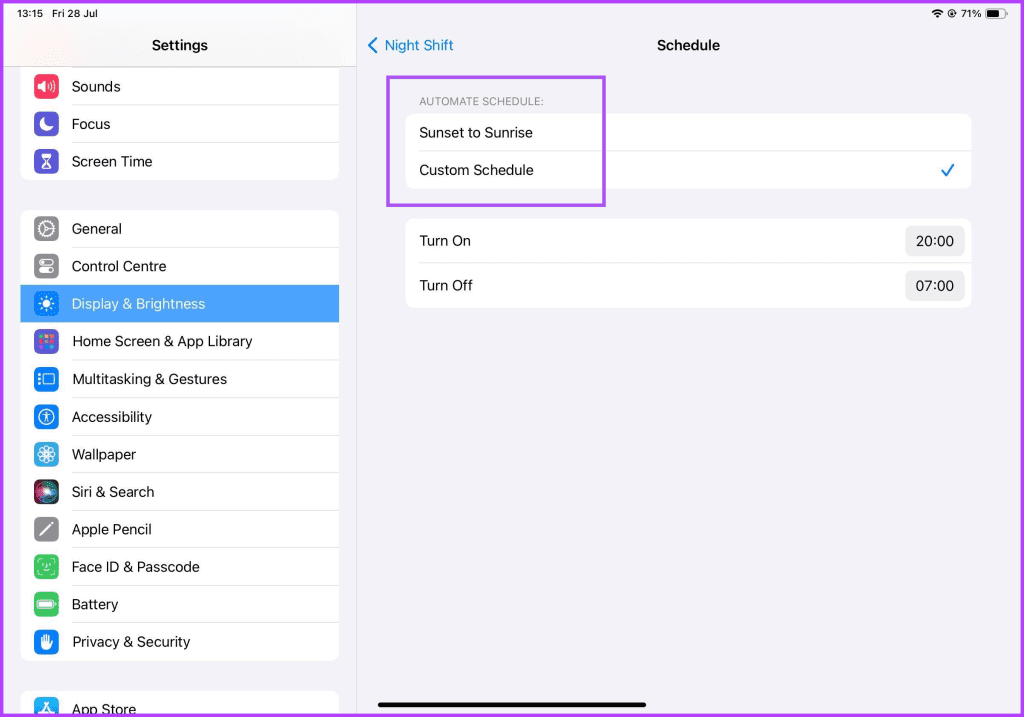 select schedule for night shift iPad