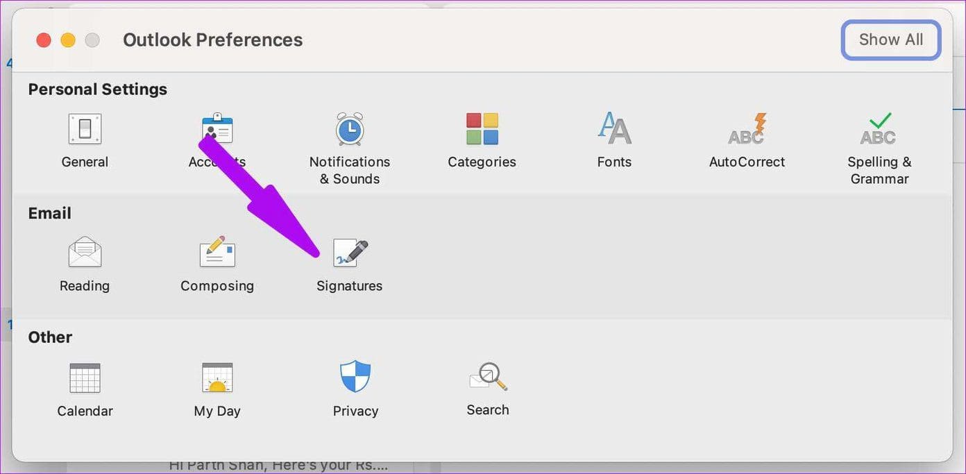 Select signatures menu