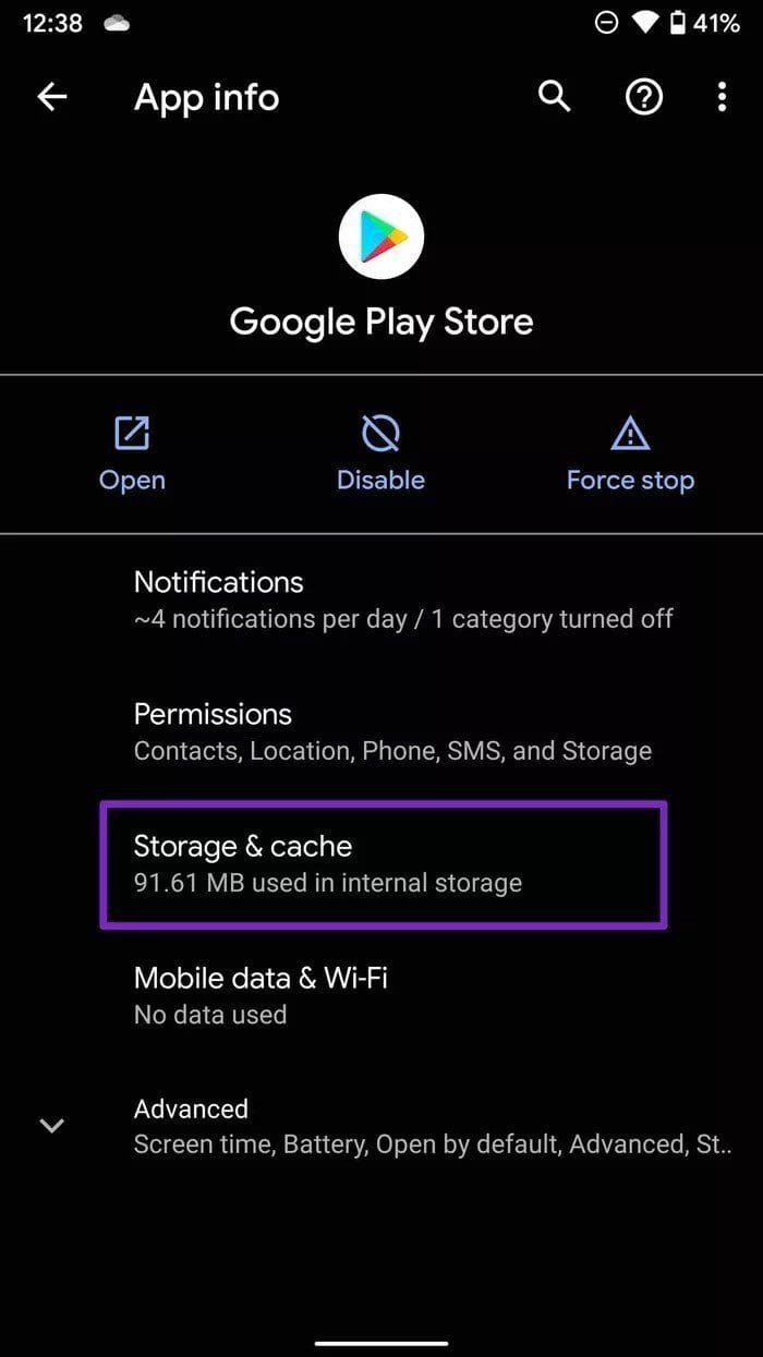 Select storage and cache menu