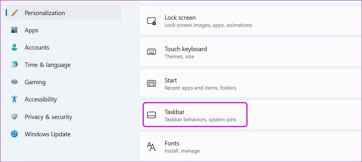 taskbar in Windows settings
