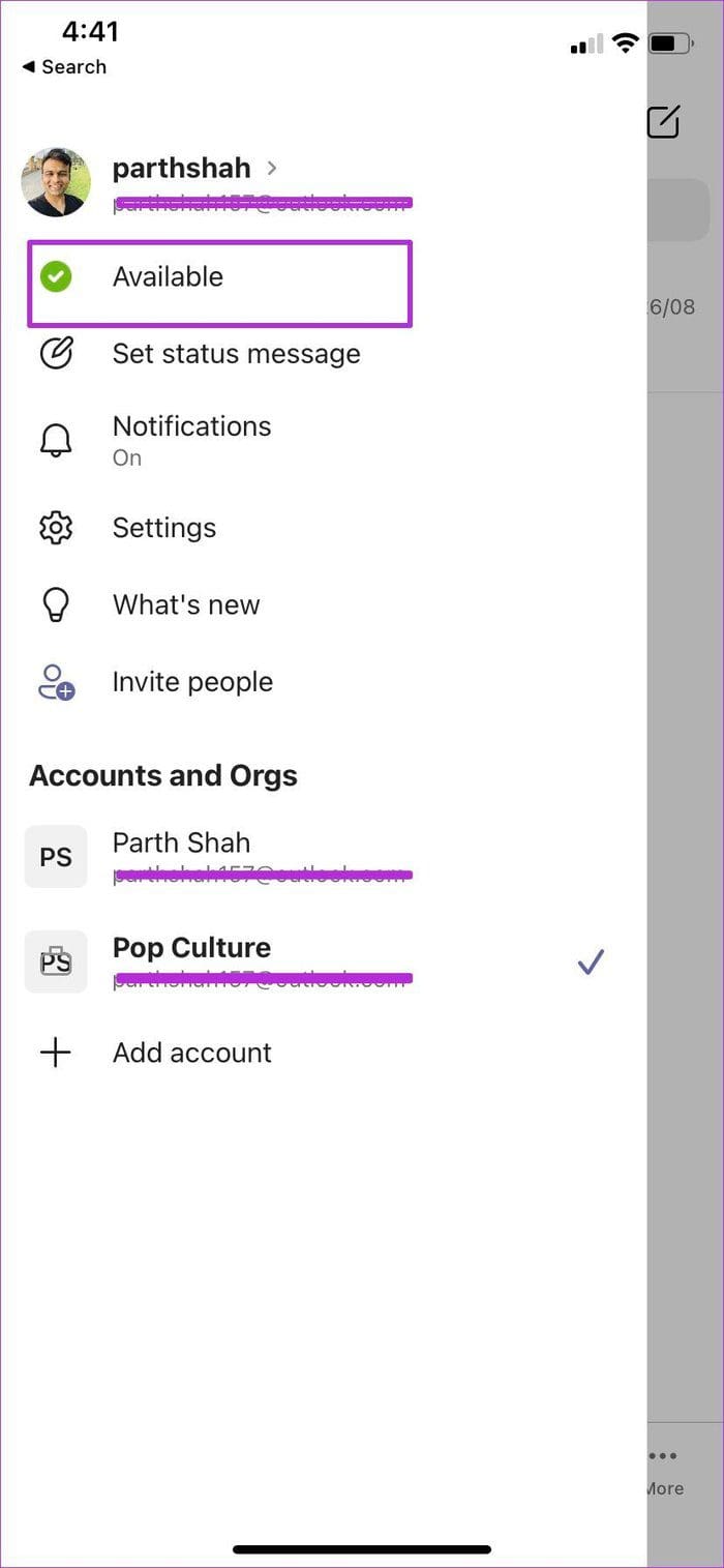 Select teams status in mobile