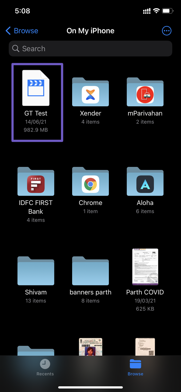 Select video from the Files app