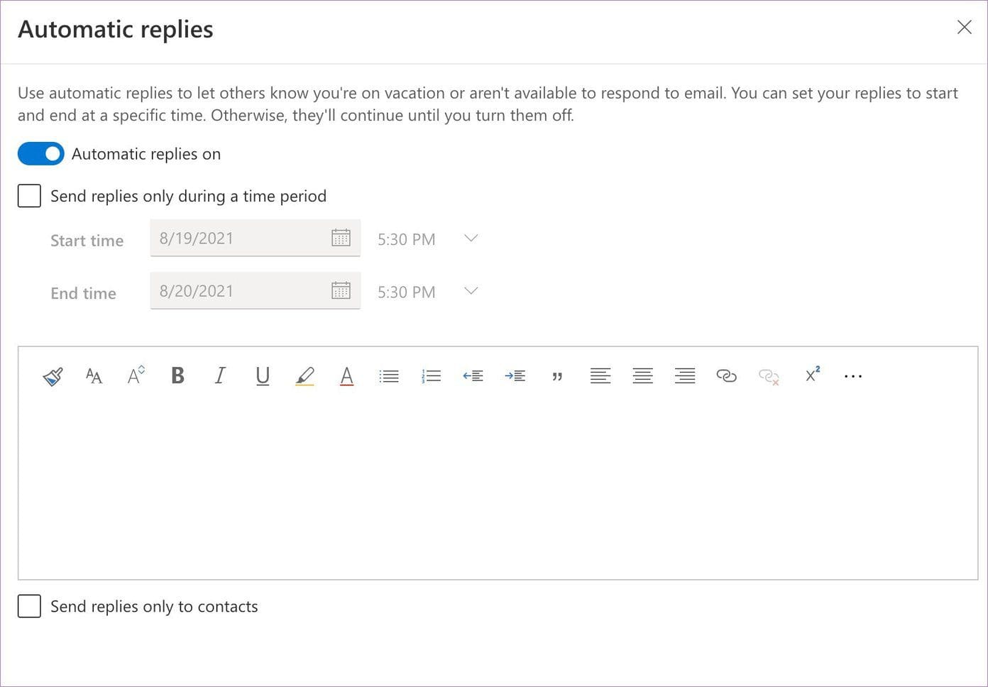 Send automatic replies on outlook web