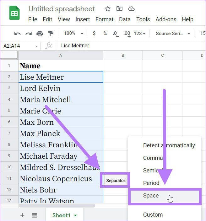 Separator space google sheets split function