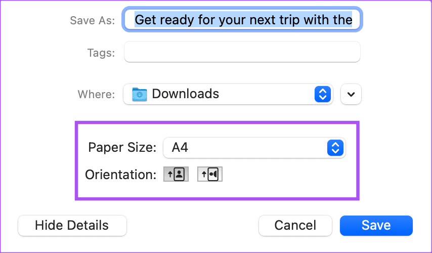 set orientation and paper size export as pdf mail app mac