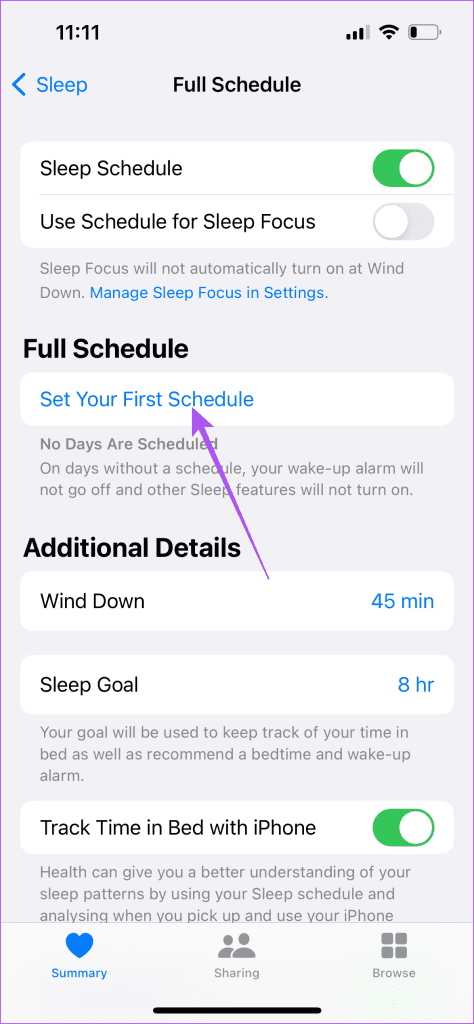set your first schedule sleep health app iphone