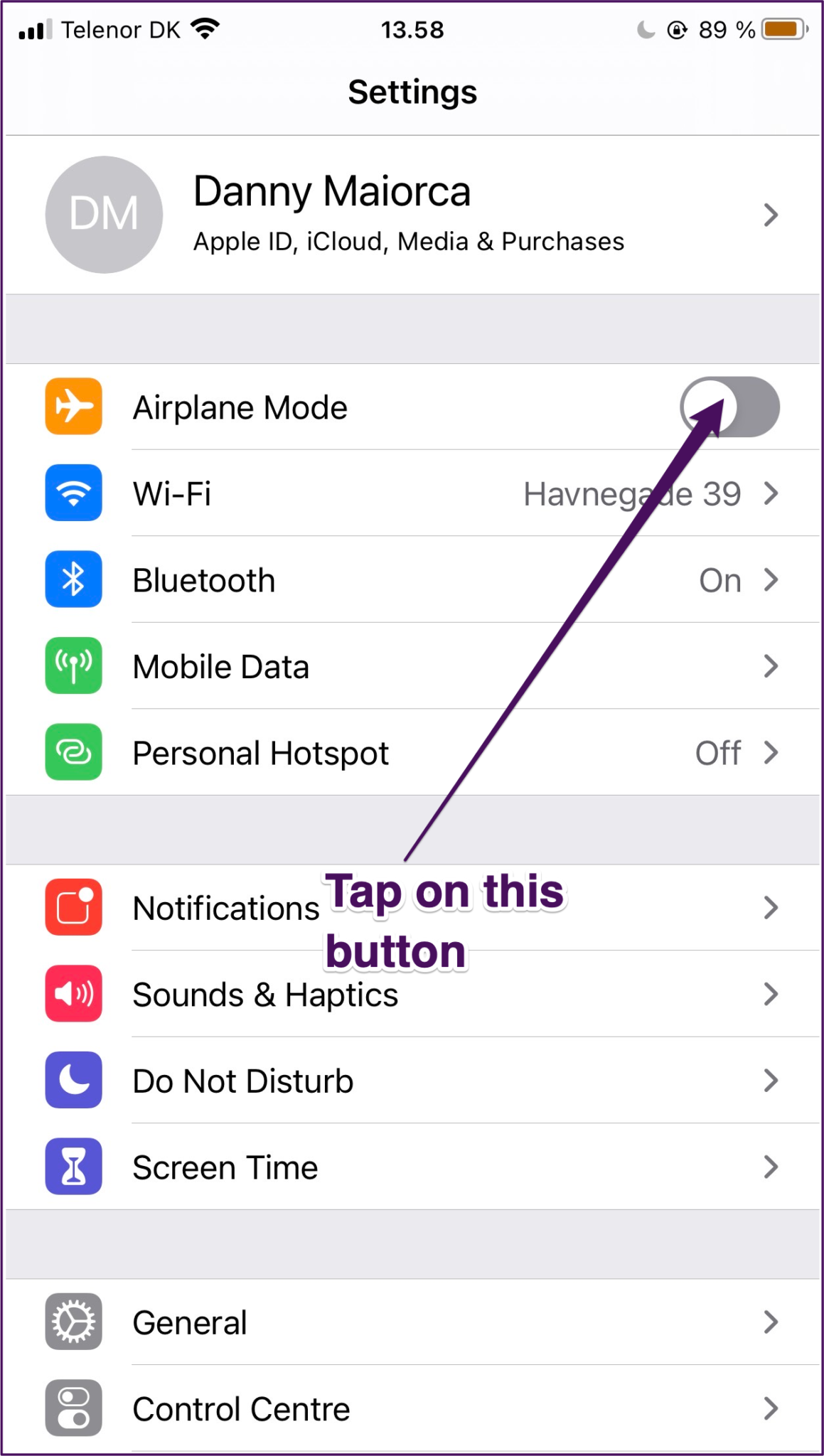Settings airplane mode