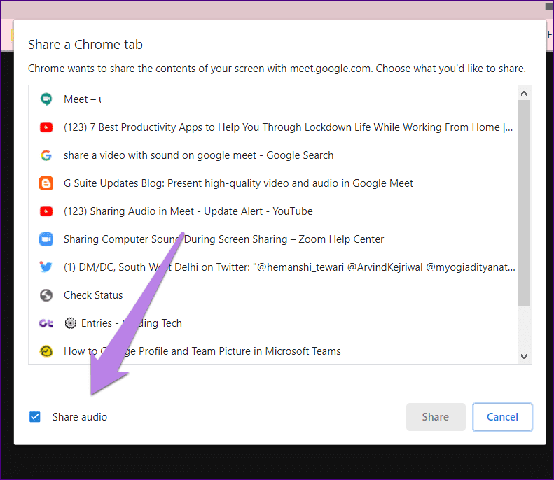 Share video with computer sound zoom google meet microsoft teams 11