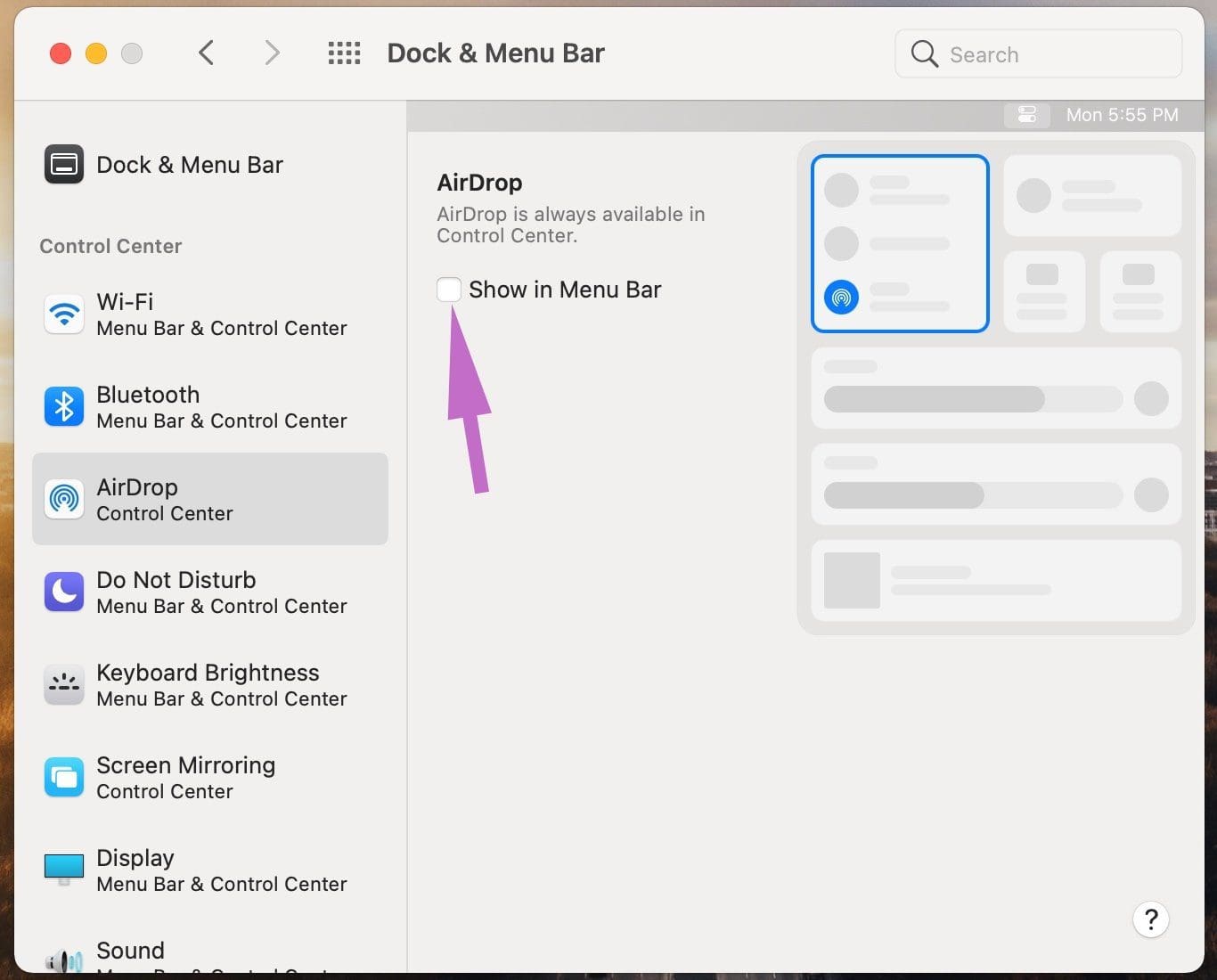 Show control center module in menu bar