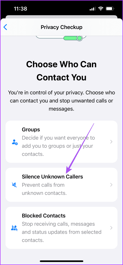 silence unknown callers privacy checkup whatsapp