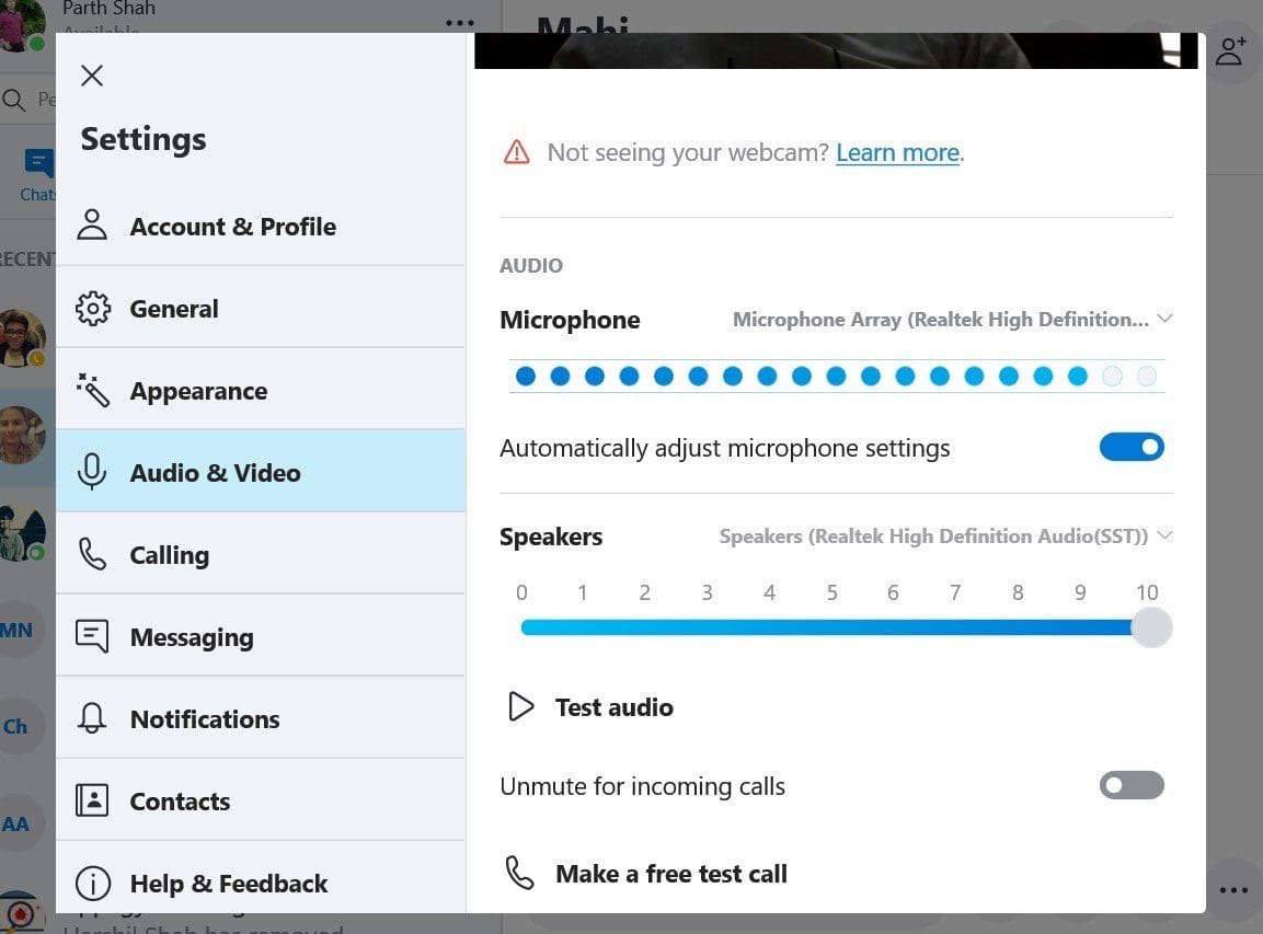 Skype audio settings