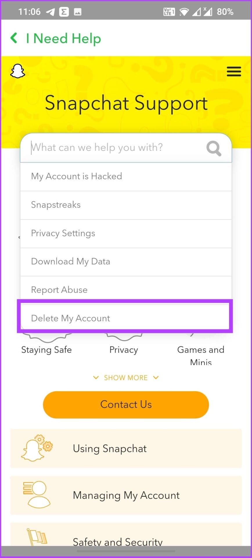 find ‘Delete My Account’