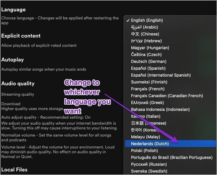 Spotify app change language