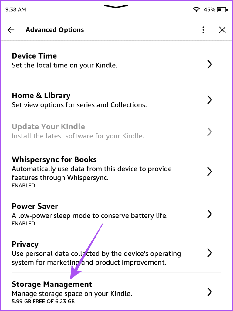 storage management device options kindle settings