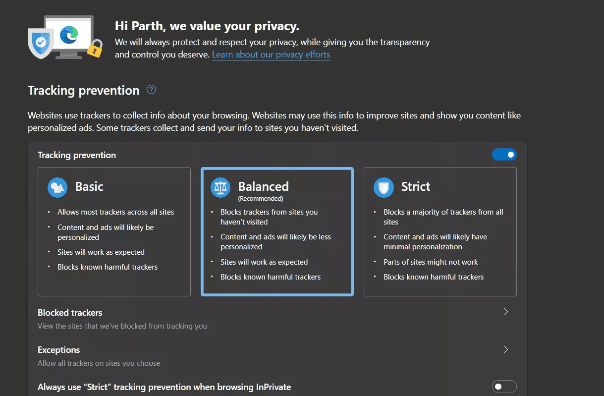 Strict tracking in microsoft edge