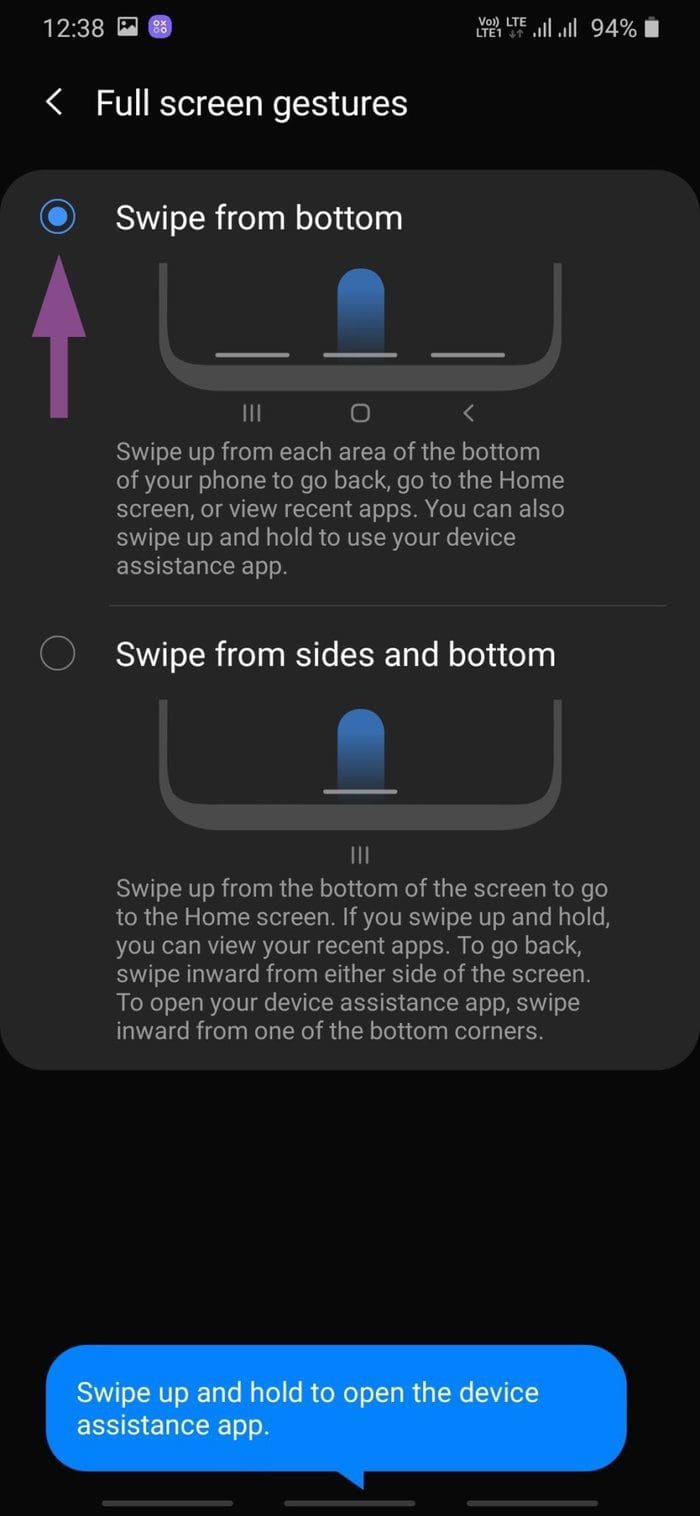 Swipe from bottom