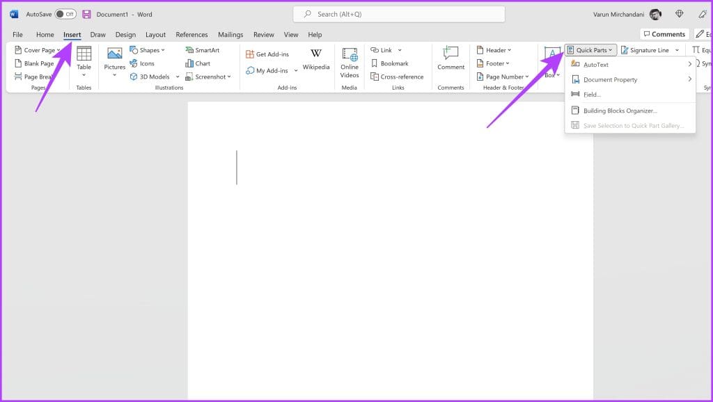 switch to the Insert tab on the ribbon up top and click on the Quick Parts option Get Text Replacement on Windows
