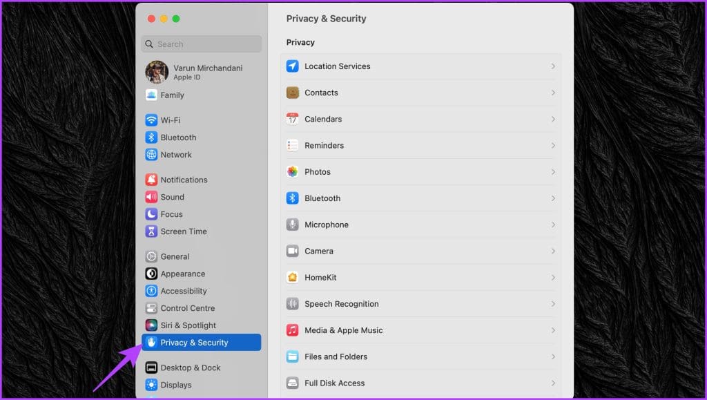 switch to the Privacy Security section from the left sidebar