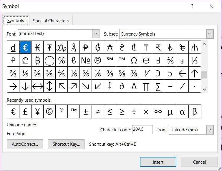 Symbols in word menu