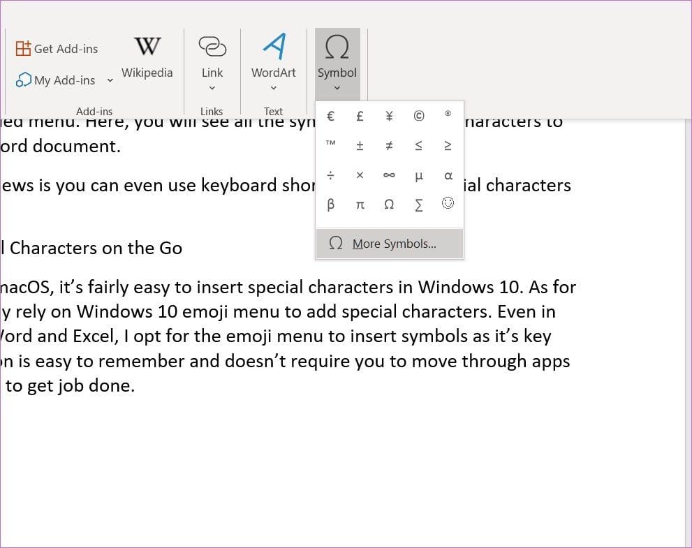 Symbols in word