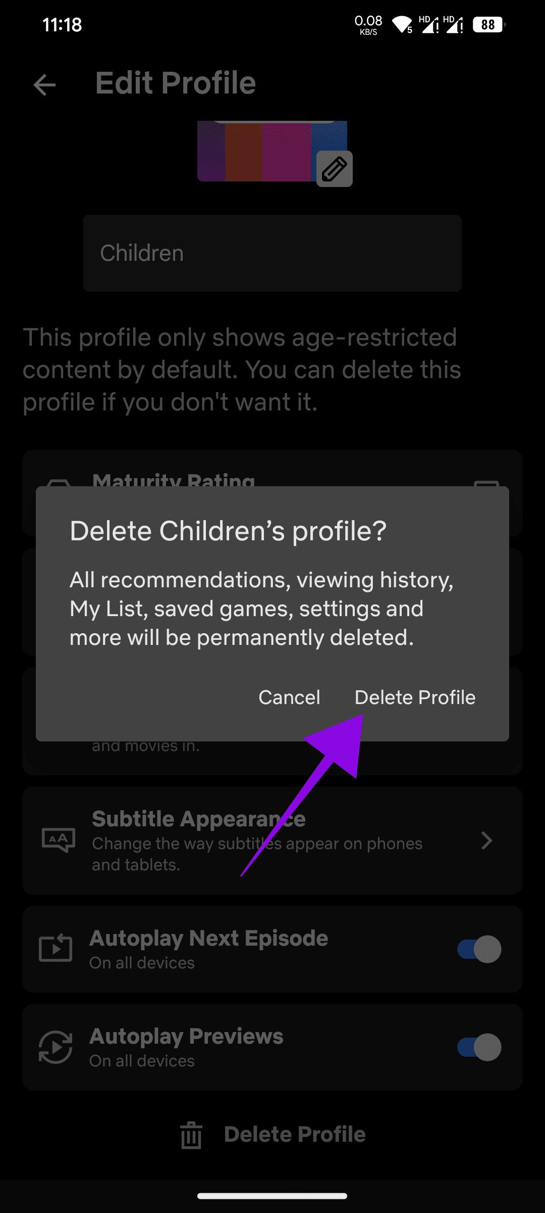 tap Delete profile to confirm