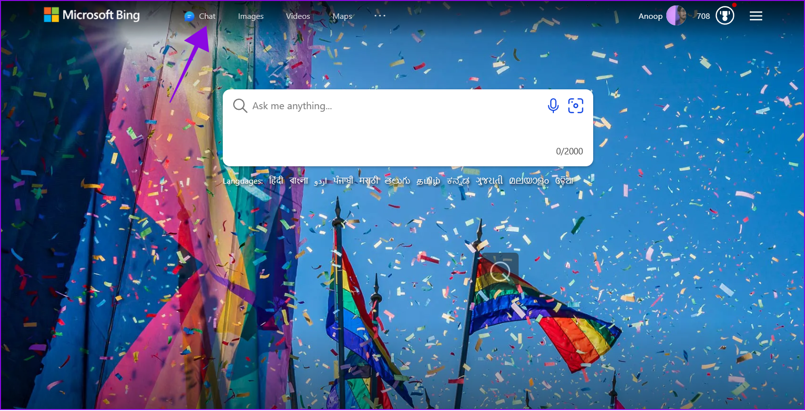 tap chat from the Bing homepage