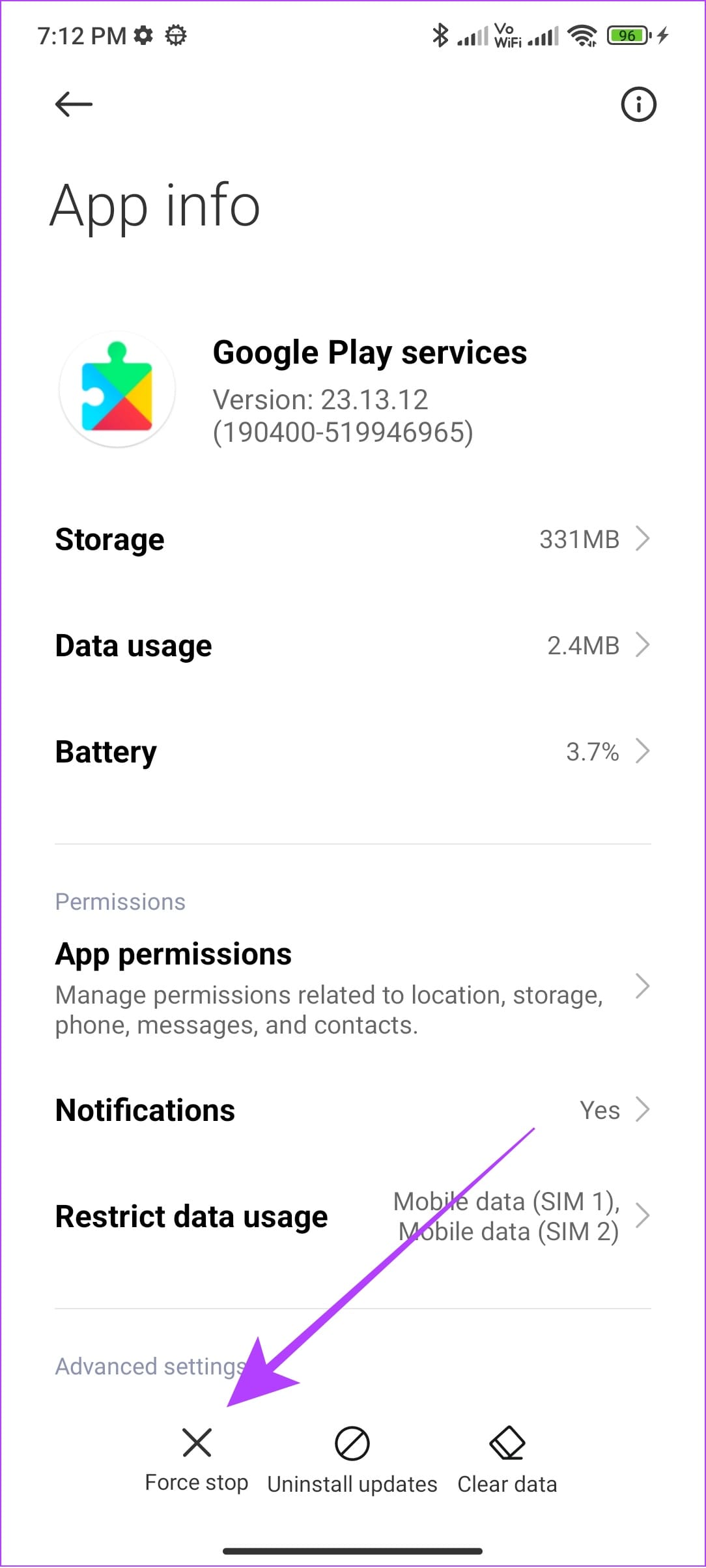 tap force stop Google Play services
