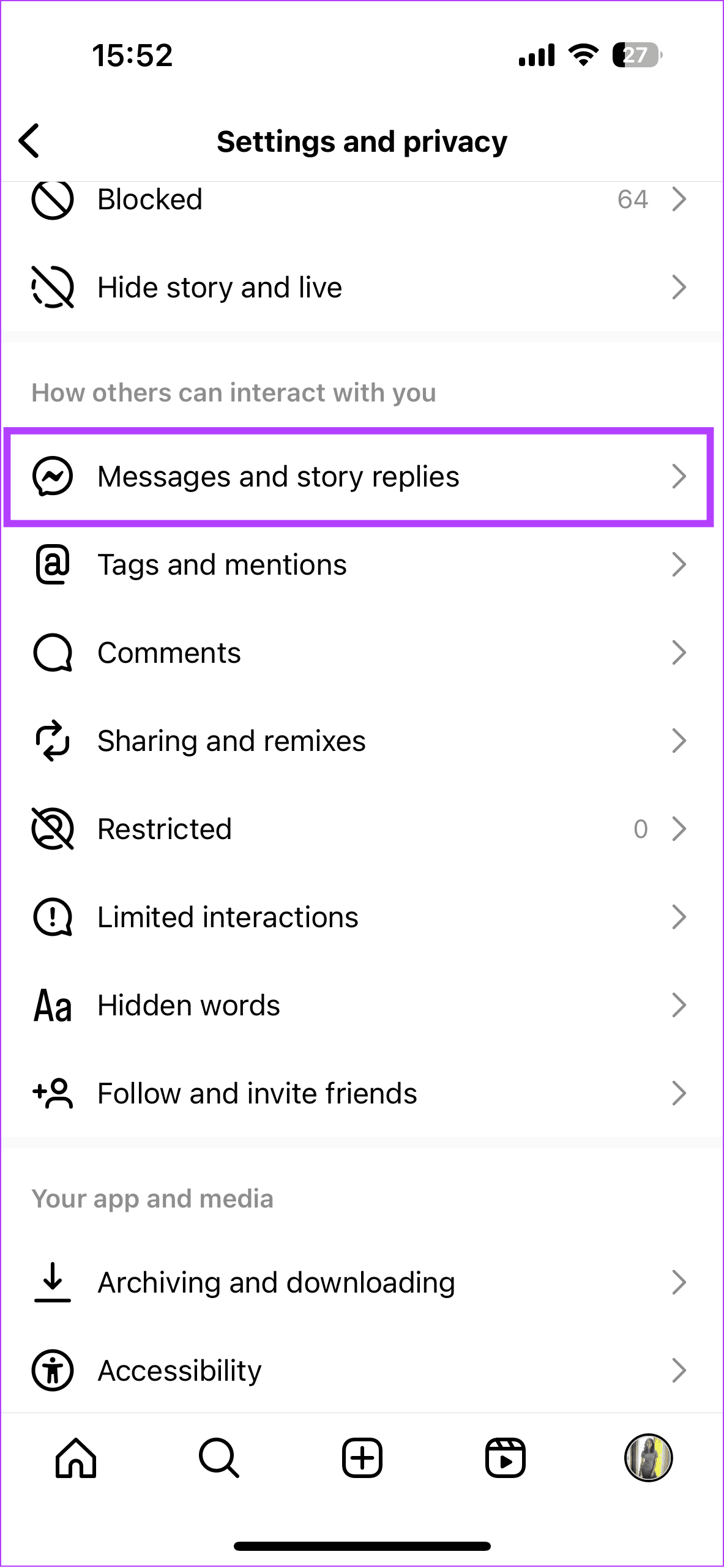 tap messages and story replies