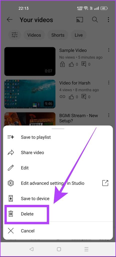 tap on delete