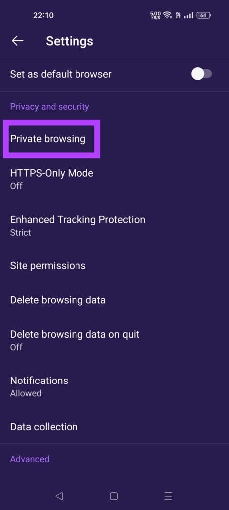 tap on private browsing