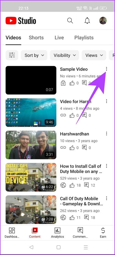 tap on three dots in youtube studio